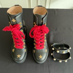 Gucci Black Boots with Red Laces and Gold Accents